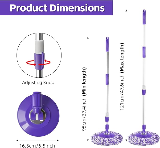 Spin Mop Replacement Handle, 47.6-inch 360 Degrees Rotating Telescopic Replacement Mop Stick with Robust Reinforced Plastic Disc for Spin Mop Bucket Cleaning System (Plastic Disc,Purple)