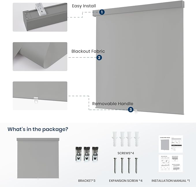 100% Blackout Roller Shades Cordless Blinds for Indoor Windows,Free-Stop Window Shades Pull Down,Thermal Insulated Fabric UV Protection,Blackout Window Guard Blinds for Home,Office,Grey,58" W x 72" H