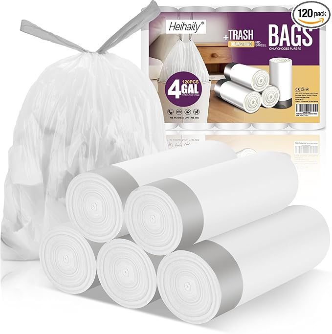 4-Gallon Trash Bag Small-Garbage-Bags With-Drawstrings - 120 Counts Unscented Tiny Size Clear White Waste Basket Plastic Liners 15-20 Liter Disposable for Office Car Bathroom Kitchen
