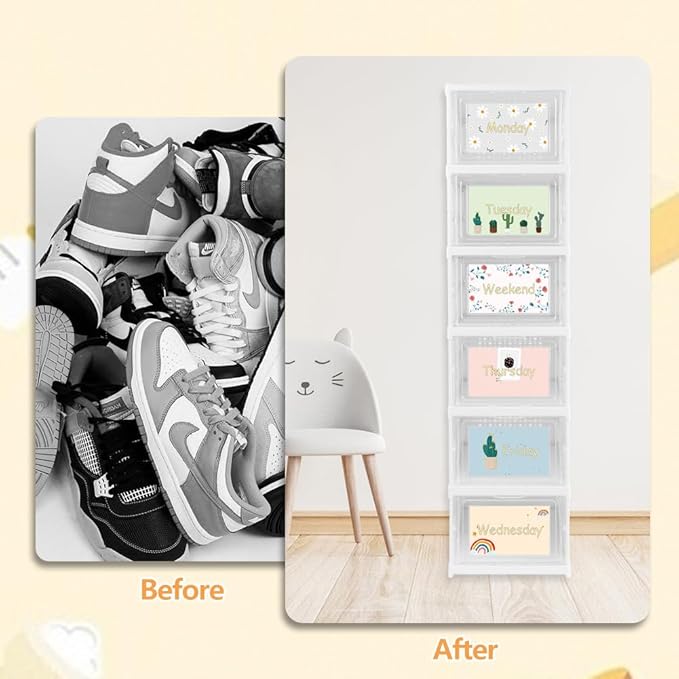 GRETJOB Weekly Clothes Organizer for Kids with Doors - 6-Tier Hanging Closet Shelves, Foldable Storage Cubby for Boys Girls, Durable Plastic Wardrobe Cabinet, Monday Through Friday Sorter