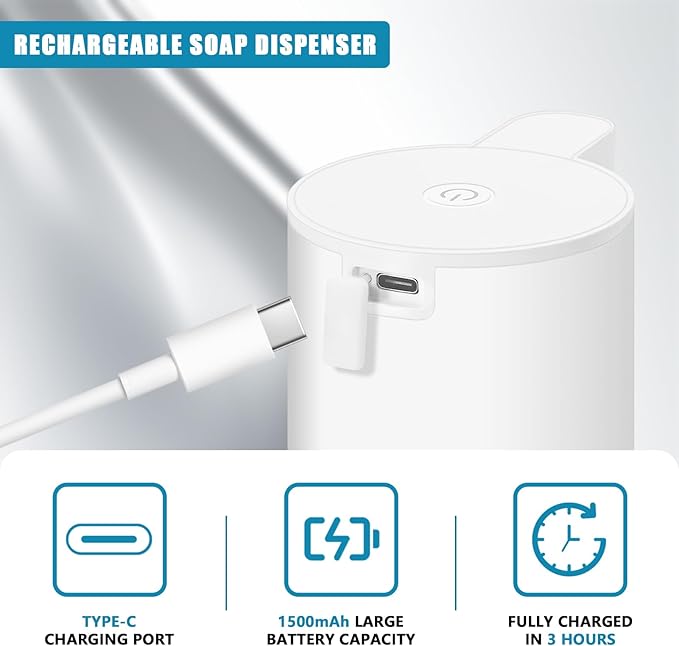 Automatic Soap Dispenser Stainless Steel with Sensor Infrared Soap Dispenser Electric IPX5 Waterproof USB-C Charging Motion Sensor for Kitchen & Bathroom (White Foam)