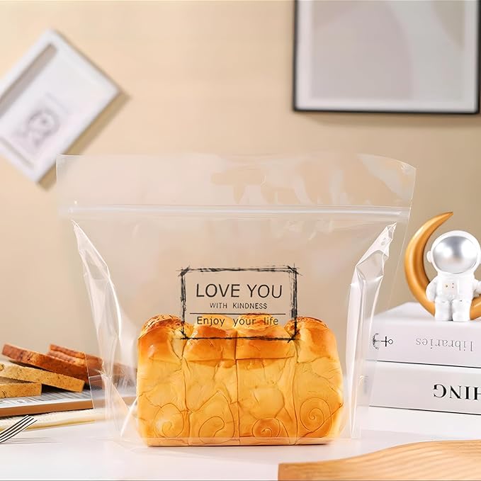50 pcs 9 Inch Large Clear Bread Plastic Bags with Handle, Sealing Zipper Loaf Packaging with 'Love You' for Homemade Bread Cookie, Bakery Cafe