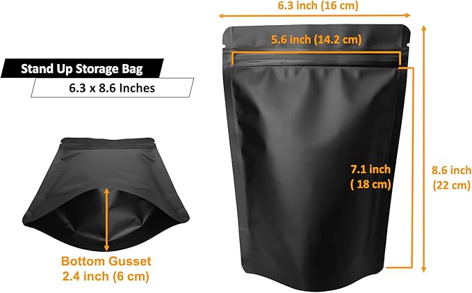 100 Pack Matte Black Stand Up Bags – 5 Mil 6.3x8.6 Inches Resealable Smell Proof Food Storage Zipper Pouch Bag, Large Heat Sealable Plastic Foil Packaging Pouches, Sample Pouch
