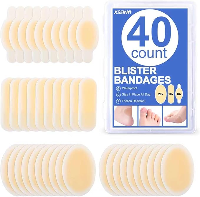 XSEINO Better Blister Bandages - 40ct - Water Resistant - 40% More Cushioning - Hydrocolloid Bandages for Foot, Toe, & Heel - Blister Pads for Prevention & Recovery - Super Quantity Variety Pack