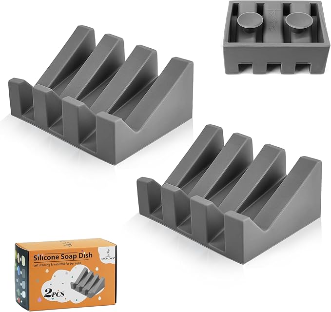 Silicone Soap Dish with Drain, Upgrade Double Suction Cups at The Bottom for Anti-Slip and Stability, Soap Dish Shower Waterfall Bar Soap Holder Tray with Drain Soap Holder (2, Grey)