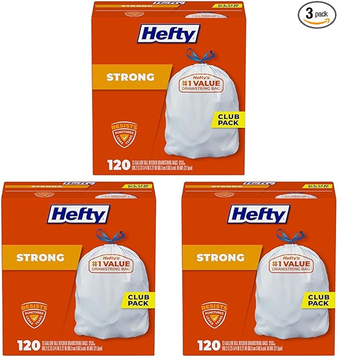 Hefty Strong White 13 Gallon Trash Bags with Drawstrings, Unscented Tall Kitchen Trash Bags, Resists Leaks, Punctures, and Tears, Durable Closure, 120 Ct. (Pack of 3)