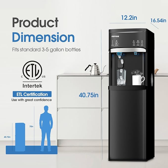 3 in 1 Self-Cleaning Water Dispenser with Ice Maker, Bottom Loading Hot and Cold Water Cooler for 5 Gallon Bottle - Includes Child Safety Lock & Nightlight - Water Machine for Home, Office