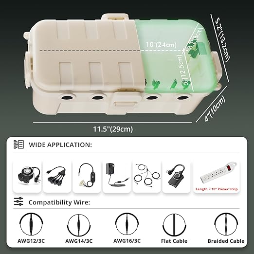 QUOBAS 2 Pack Outdoor Waterproof Electrical Box with 6 Cable Ports, IP54 Weatherproof Heavy-Duty Extension Cord Cover for Power Strips, Garden Power Tools, Holiday Lights, Almond
