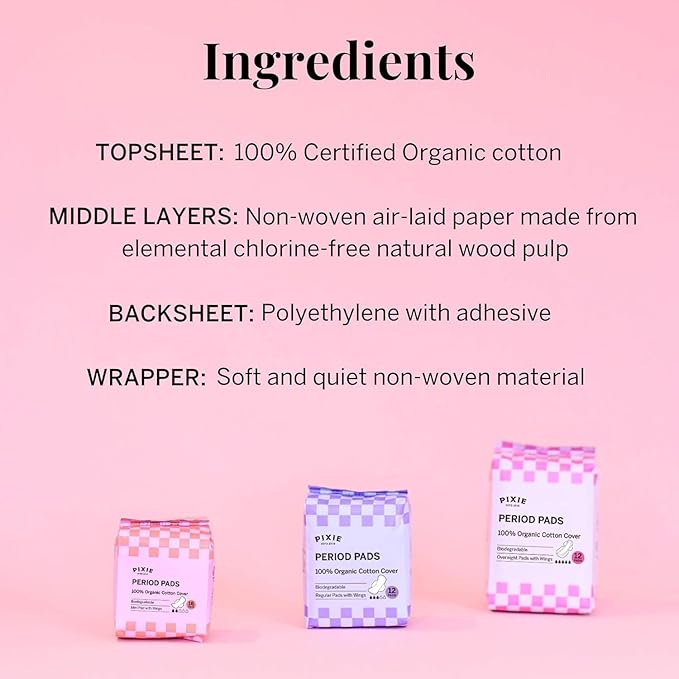 Pixie Organic Cotton Overnight Pads for Women - Extra Heavy Absorbency with Wings - Leak-Proof, Hypoallergenic & Unscented - Compostable, Biodegradable - 36 Count