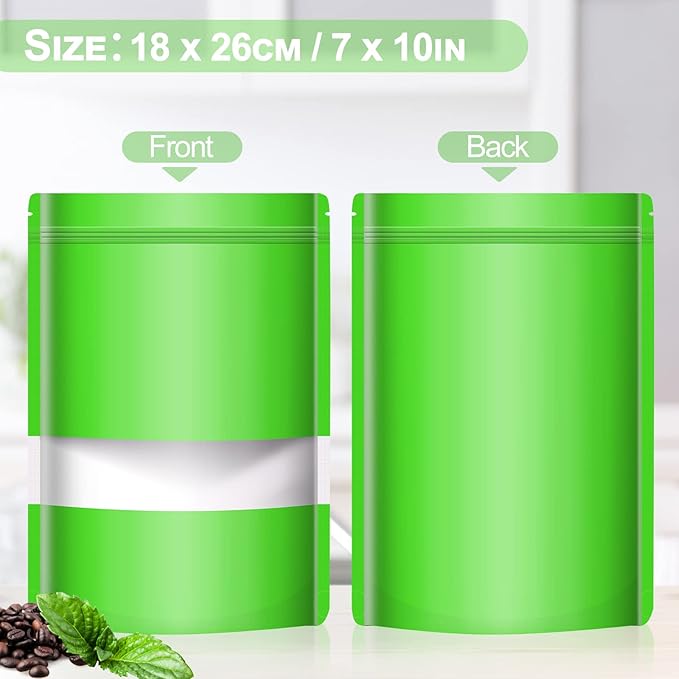 100 Pack Smell Mylar Proof Bags for Food Storage, Resealable Packaging Bag for Small Business, Stand Up Foil Pouches Reusable Heat Sealable Bags with Clear Window (Green, 7.0x10.2 In)