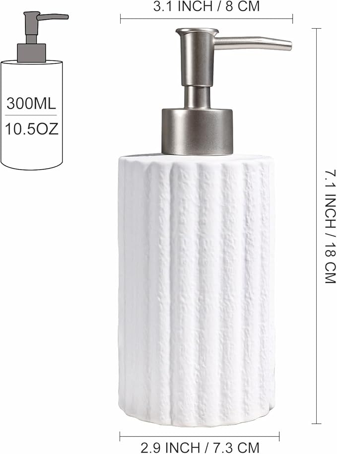 INGOFIN White Soap Dispenser, 10.5 oz Ceramic Lotion Dispenser - Refillable Hand Soap Dispenser Bathroom, Modern Liquid Dish Dispenser with Pump for Kitchen