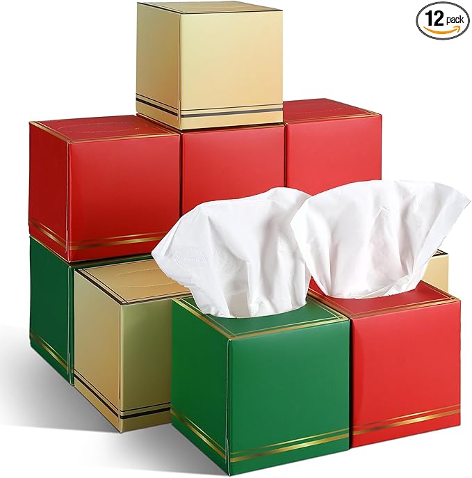 12 Pack Facial Tissues Cube Boxes Face Box 600 Sheets 3 Ply Soft Paper Square Tissues Bulk for Car Pocket Toilet Household Bedroom Family(Red Green Gold)