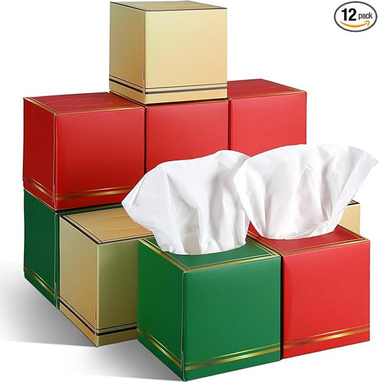 12 Pack Facial Tissues Cube Boxes Face Box 600 Sheets 3 Ply Soft Paper Square Tissues Bulk for Car Pocket Toilet Household Bedroom Family(Red Green Gold)