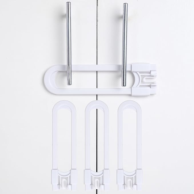 Sliding Cabinet Locks Baby Proofing – Adjustable Child Safety Latches for Knobs & Handles – 4 Pack – No Adhesive Drilling or Tools - White