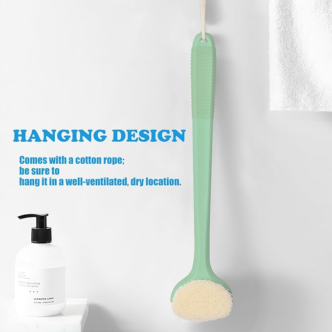 VANZAVANZU Back Scrubber for Shower, Bath Brush with 17-Inch Long Anti-Slip Handle, Wet and Dry Brushing Body Brush for Body Cleansing, Back Brush for Men and Women (Pea Green)