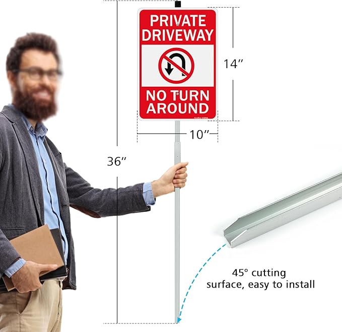 GicnKeuz Private Driveway No Turn Around with 36" Metal Stake Signs, 14 x 10 Inches Reflective Aluminum Signs, Fade Resistant/Waterproof, Easy to Install, Outdoor Use （1 Pack）