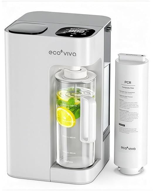 Ecoviva Mate 3 Countertop Reverse Osmosis Water Filter, 8-Stage RO Water Filtration System with 40oz Water Purifier for Home, 3:1 Pure to Drain, Auto Water-Filling, NSF Certified, White