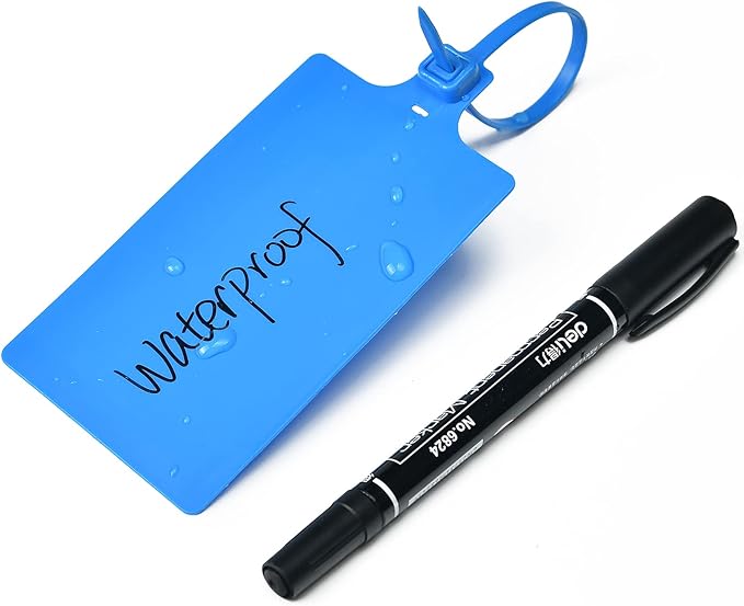 100 Blue Plastic Writable Shipping Tags - Large, Waterproof, Hanging Labels with One Permanent Marker Pen