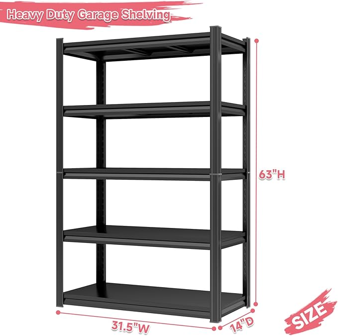 2500LBS Metal Storage Shelves, Adjustable 5 Tier Shelving Unit, 32"W Garage Shelving Heavy Duty, Steel Utility Shelf Organizere for Industries, Warehouses, Basement, Pantry and Outdoors, Black