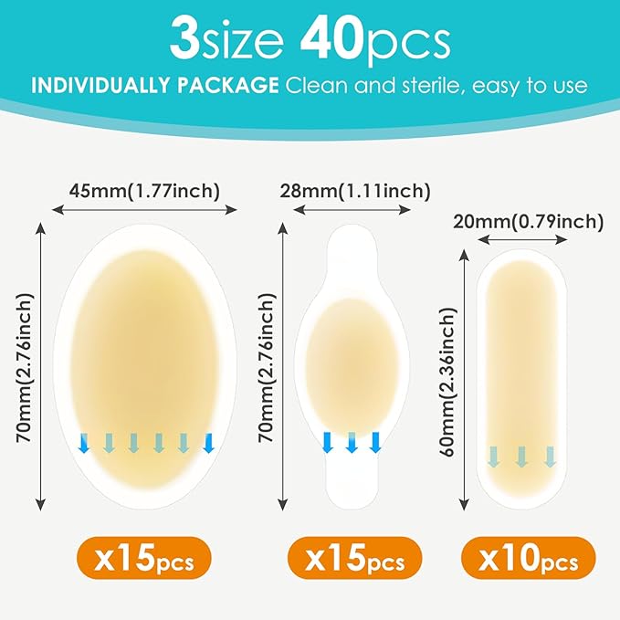 40ct Blister Bandages for Feet Hydrocolloid Bandages Waterproof Blister Cushion for Feet Toes Heels Blister Pads for Prevention Variety Pack