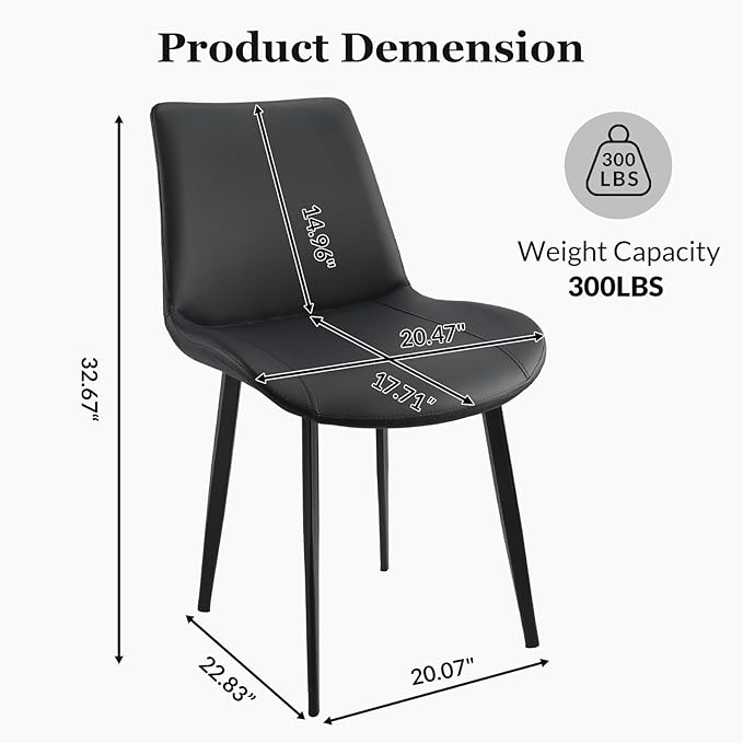 Dining Chairs, Modern PU Leather Dining Room Chair with Sturdy Metal Legs, Upholstered Seat Dinner Chairs Accent Side Chairs for Indoor Kitchen Living Room (Black, Set of 2)