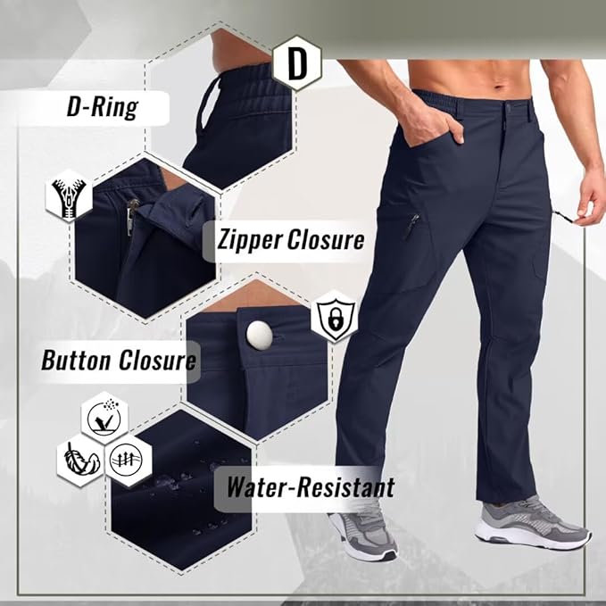 Pudolla Men's Lightweight Hiking Pants with 7 Pockets Quick Dry Water Resistant Fishing Travel Pants