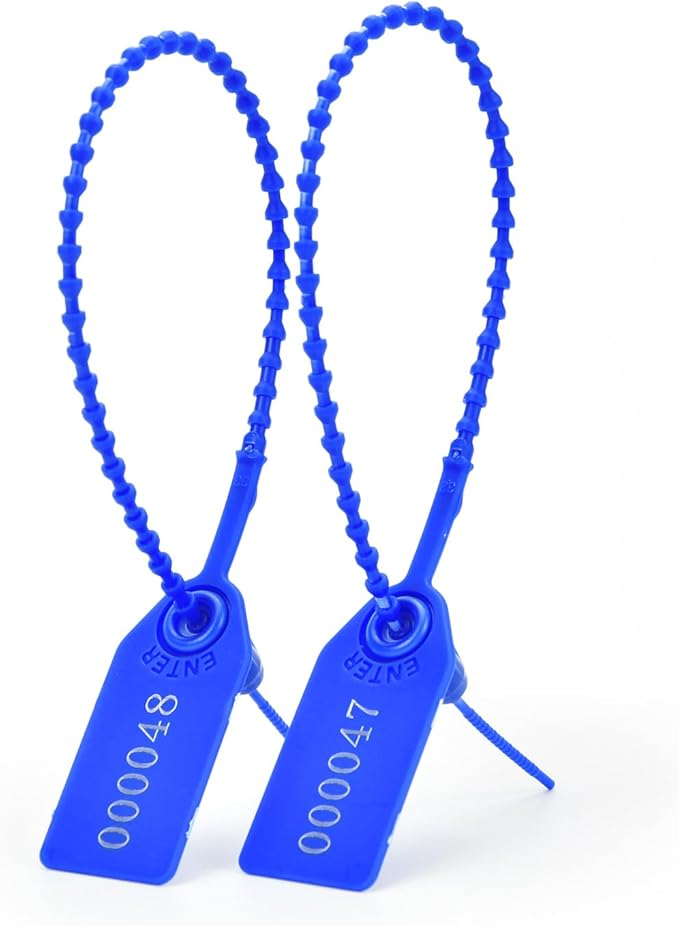 200pcs Plastic Security Tamper Seals Shipping Tags Disposable Signage Numbered Pull Tight Padlock Safety Self-Locking Seal Ties Tag, Deep Blue