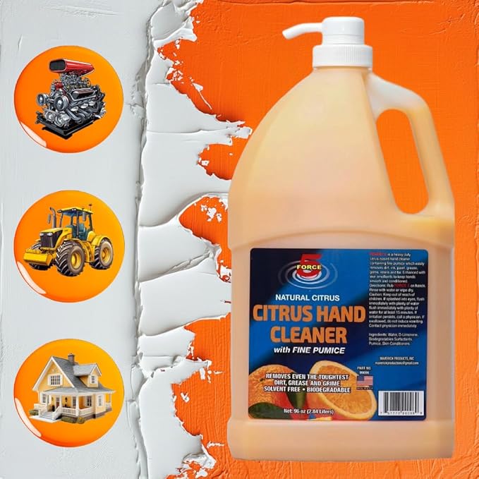 Force 5 - Citrus Hand Cleaner for Mechanics – Heavy-Duty Mechanic Soap with Natural Pumice. Quickly Remove Removes Dirt, Grease and Grime – Natural Citrus Scent. (96oz).