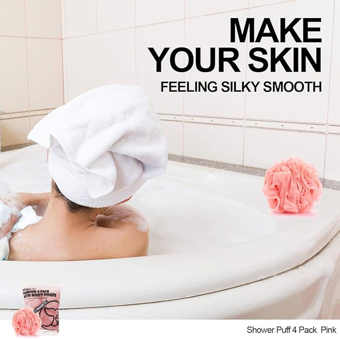 Loofah Sponge Bath Sponge for Women Men 4 Pack (Pink)