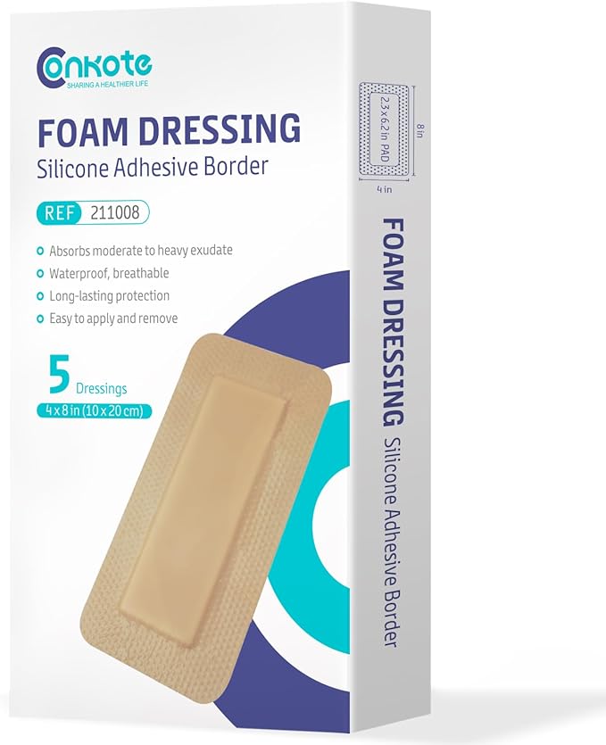 Conkote Silicone Foam Dressings 4'' X 8'', Gentle Adhesive Wound Dressing for Wound Care, Box of 5 Dressings