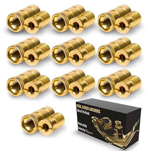 Pool Cover Anchors Concrete and Pavers Deck 10 Pack - Universal Size Fits 3/4" Hole - Best for Pool Safety Cover Installation - Durable Brass Pool Cover Anchors and Head Screw Bolts (10)