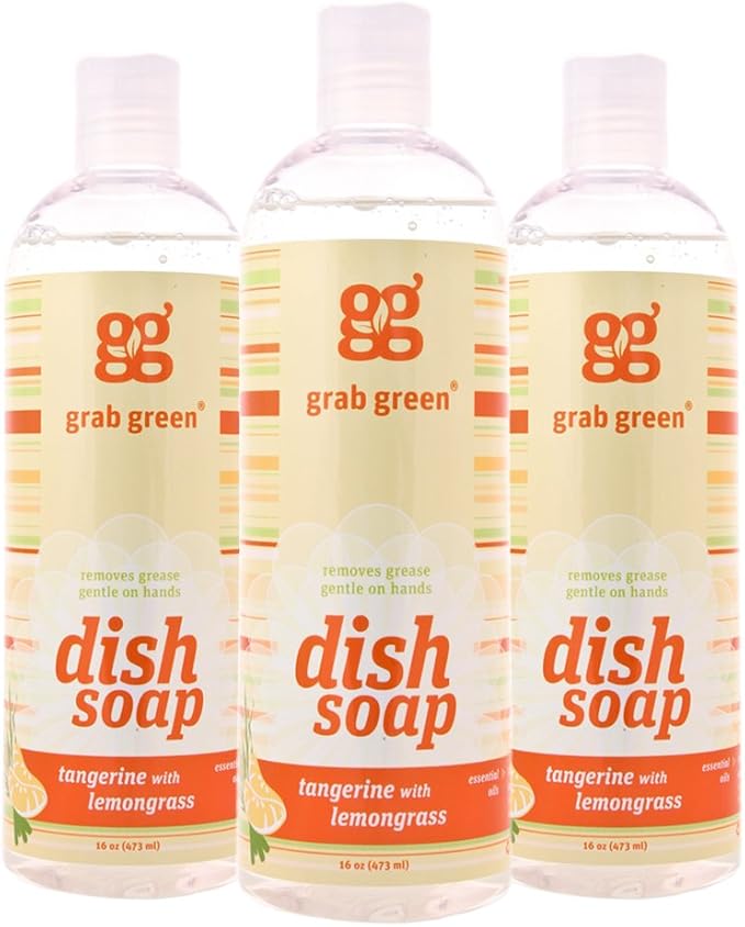 Grab Green Liquid Dish Soap, 16 Ounce (Pack of 3), Tangerine Lemongrass Scent, Biodegradable, Plant and Mineral Based, Removes Grease, Gentle on Hands