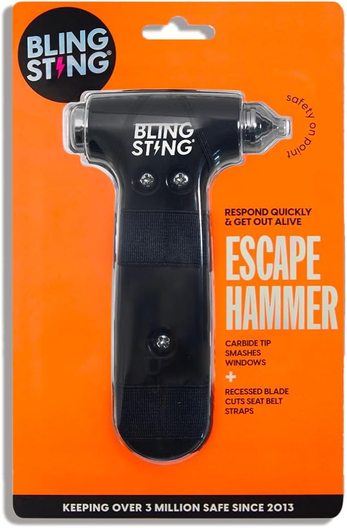 BLINGSTING Safety Hammer - Emergency Automotive Escape Tool with Window Breaker, Seat Belt Cutter & Adjustable Car Visor Strap - Tempered Glass Breaker - Steel Blade - Black (1 Count)
