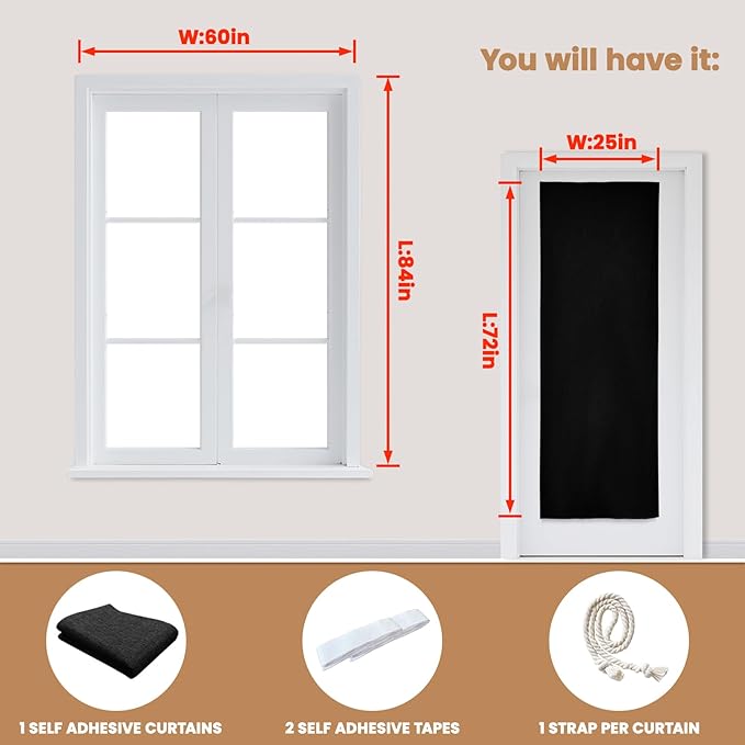 100% Blackout French Door Curtain,Adhesive, No Drilling Required,Small Curtains Designed for Installation On Doors (Black - W25 × L72 in)