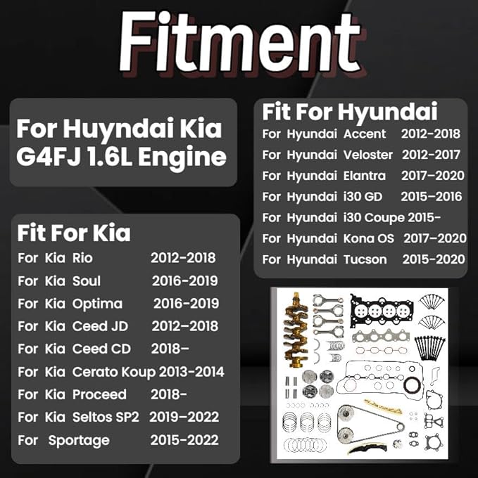 G4FJ 1.6 Engine Overhaul Rebuild Kit w/Crankshaft Head Gasket Set Timing Chain Kit w/VVT Connecting Rod Piston Kit Fit For Hyundai Accent Veloster Elantra Kia Rio Optima 2012-2019 1.6L 21020-2B000