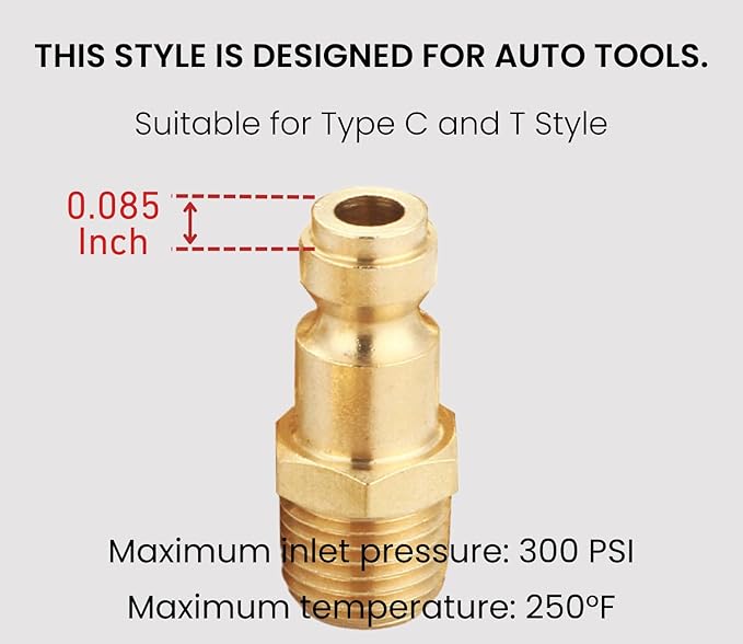 Brass 1/4 Inch NPT Male Automotive Type C, Air Hose Quick Connect Adapter, Air Coupler and Plug Kit, Air Compressor Fittings, 10pcs (Male NPT)