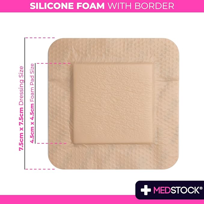 MEDSTOCK Silicone Foam Dressing with Border, 3"x3" (Pack of 10), Wound Care, Super Absorbent, Atraumatic Removal, Five Layers, Waterproof, Seals Wound Edges, No Adhesion Loss