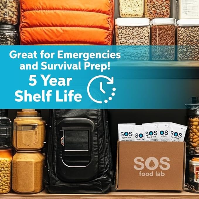 SOS Food Lab Emergency Water Pouches - 2 Gallons (62 Count, 4.2 Fl Oz Each) - Triple Purified, UV Sterilized Filtered Drinking Water for Disaster & Survival Kits - 5 Year Shelf Life, US Navy Approved