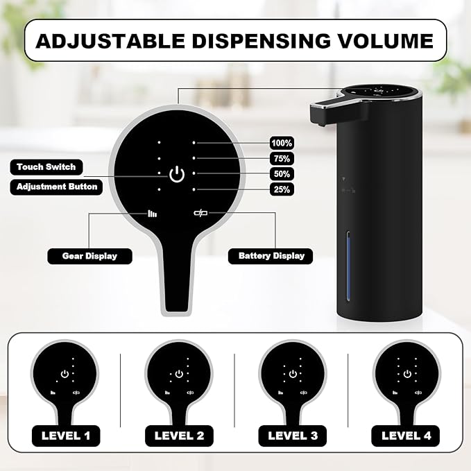 Automatic Soap Dispenser 13oz. Wall Mount Touchless 4 Gear Adjustable Electric Soap Dispenser USB Rechargeable with Infrared Motion Sensor for Bathroom Kitchen Office (Black Gel)