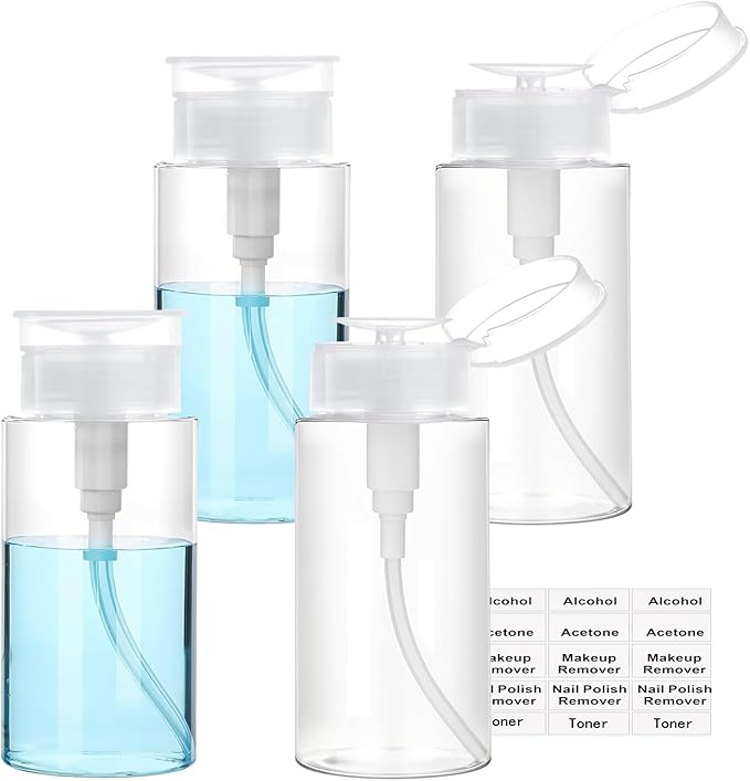Push Down Pump Dispenser, 3.4oz Clear Pump Bottles with Alcohol, Acetone, Nail Polish Remover, Makeup Remover, Toner Stickers Empty Push Top Container for Liquid (100ml-4Pack)