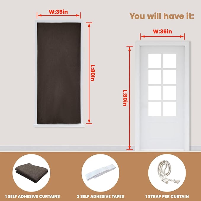 JILROIN Self Adhesive Curtains,100% Blackout Window Cover,No Drilling,Easy to Install,Provides Privacy Protection for Bedrooms (Dark Coffee - W35 × L80 in)