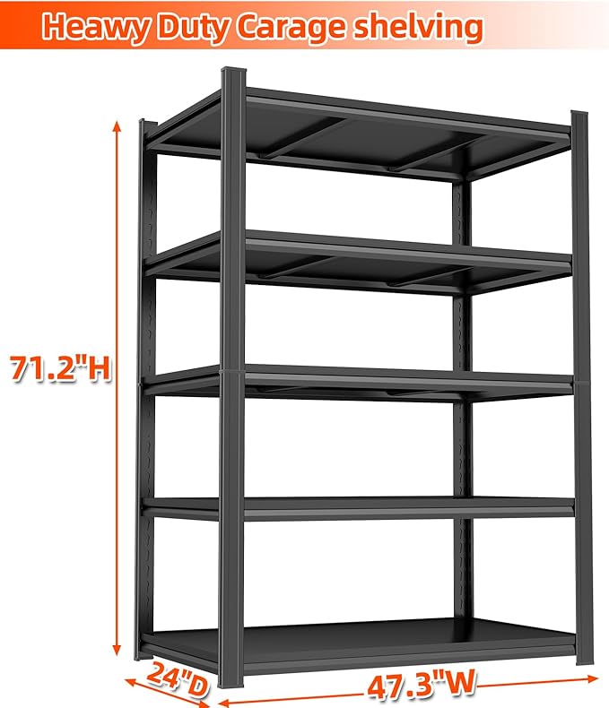 47.3"W Garage Shelving Heavy Duty, 2500 LBS Capacity Industrial Shelving Units, Standing Shelf Storage, Detachable and Adjustable 5 Tier Metal Shelves for Warehouse, Basement, Pantry Closet, Black