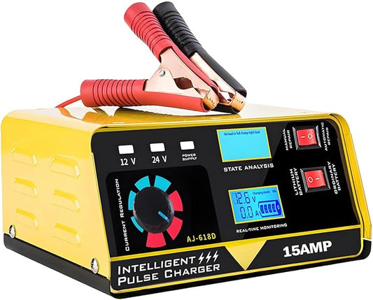 12V 24V Car Battery Charger, 15A Lead-Acid Lithium Battery Charger, Smart Trickle Charger Maintainer, Deep Cycle Battery Repair Charger Automotive Desulfator for Car Motorcycle Truck Boat Lawn Mower
