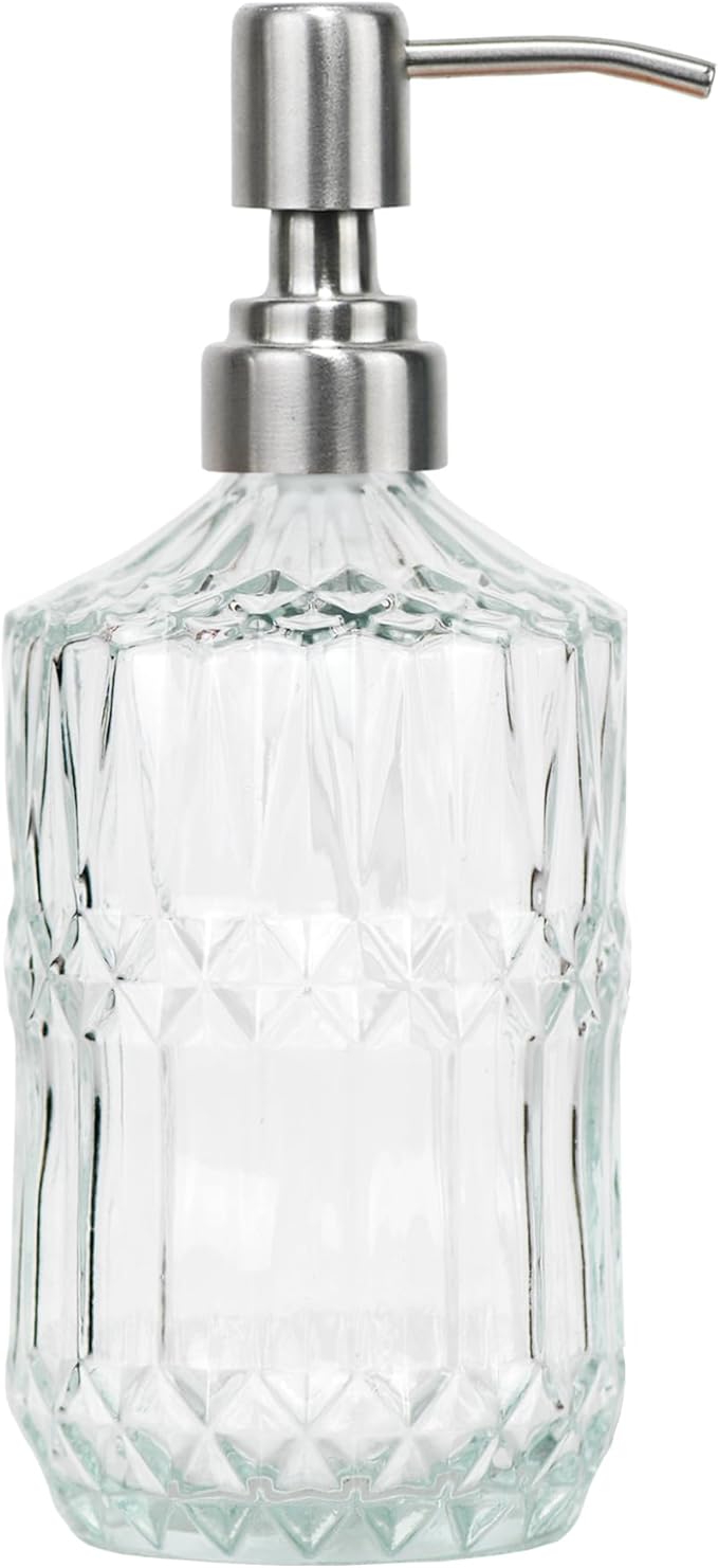 18 oz Clear Thick Glass Soap Dispenser with Black Rustproof Pump, Refillable Bathroom, Kitchen Soap Dispenser for Hand Soap, Body Wash and Lotion (Clear-Silver Pump)