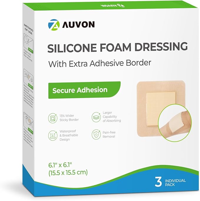 AUVON Silicone Foam Dressing with Large Adhesive Border, 6" x 6" Waterproof Wound Care Pads with High Absorbency, Silicone Wound Bandage for Pressure Ulcer, 3 Packs, FSA/HSA Eligible
