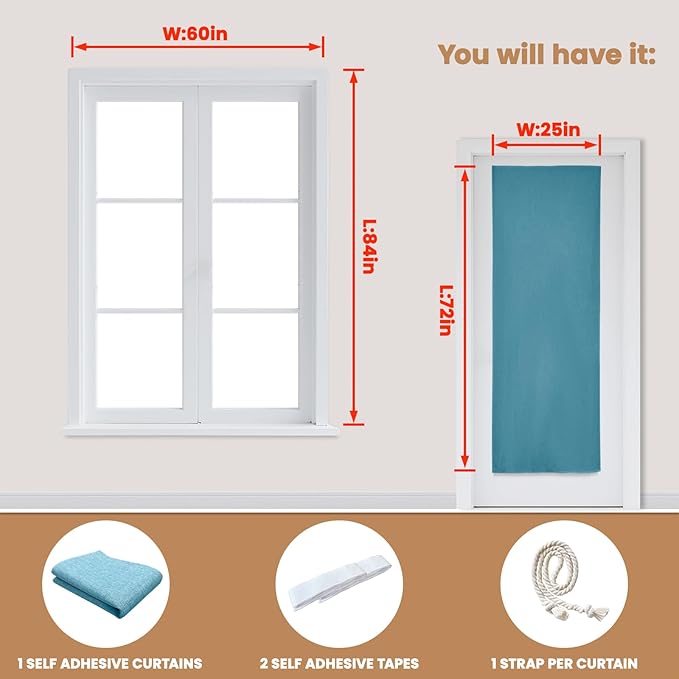 100% Blackout French Door Curtain,Adhesive, No Drilling Required,Small Curtains Designed for Installation On Doors (Stone Blue - W25 × L72 in)
