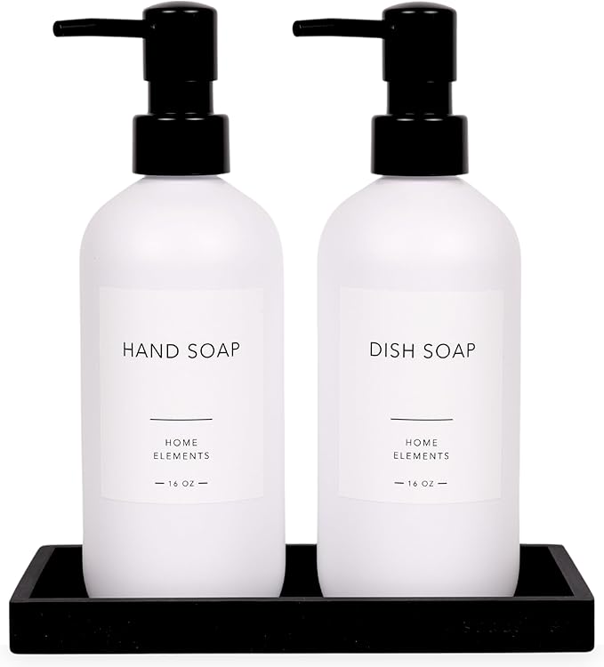 Plastic Soap Dispenser Set - PET Plastic Dish Soap Dispenser for Kitchen, Hand Soap Lotion Bottles with Pump Dispenser for Bathroom, Includes 8 Waterproof Labels, 16 oz, Black Silicone Tray