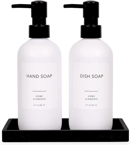 Plastic Soap Dispenser Set - PET Plastic Dish Soap Dispenser for Kitchen, Hand Soap Lotion Bottles with Pump Dispenser for Bathroom, Includes 8 Waterproof Labels, 16 oz, Black Silicone Tray