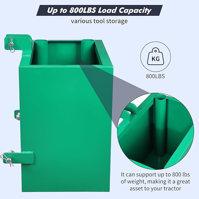 GAOMON 3 Point Ballast Box, 800lbs Capacity, Standard 2 inch Hitch Receiver,with 5cu.ft Volume, Heavy Duty Steel, Fits Category 1 Tractor Attachment, Green