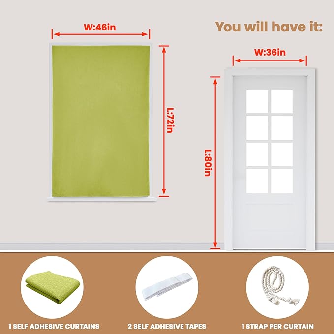 100% Blackout Curtain,Adhesive Curtain,Black Out Window Cover No Drilling Travel Kit,Perfect for Media Rooms, Dormitories and Renters (Fruit Green - W46 × L72 in)